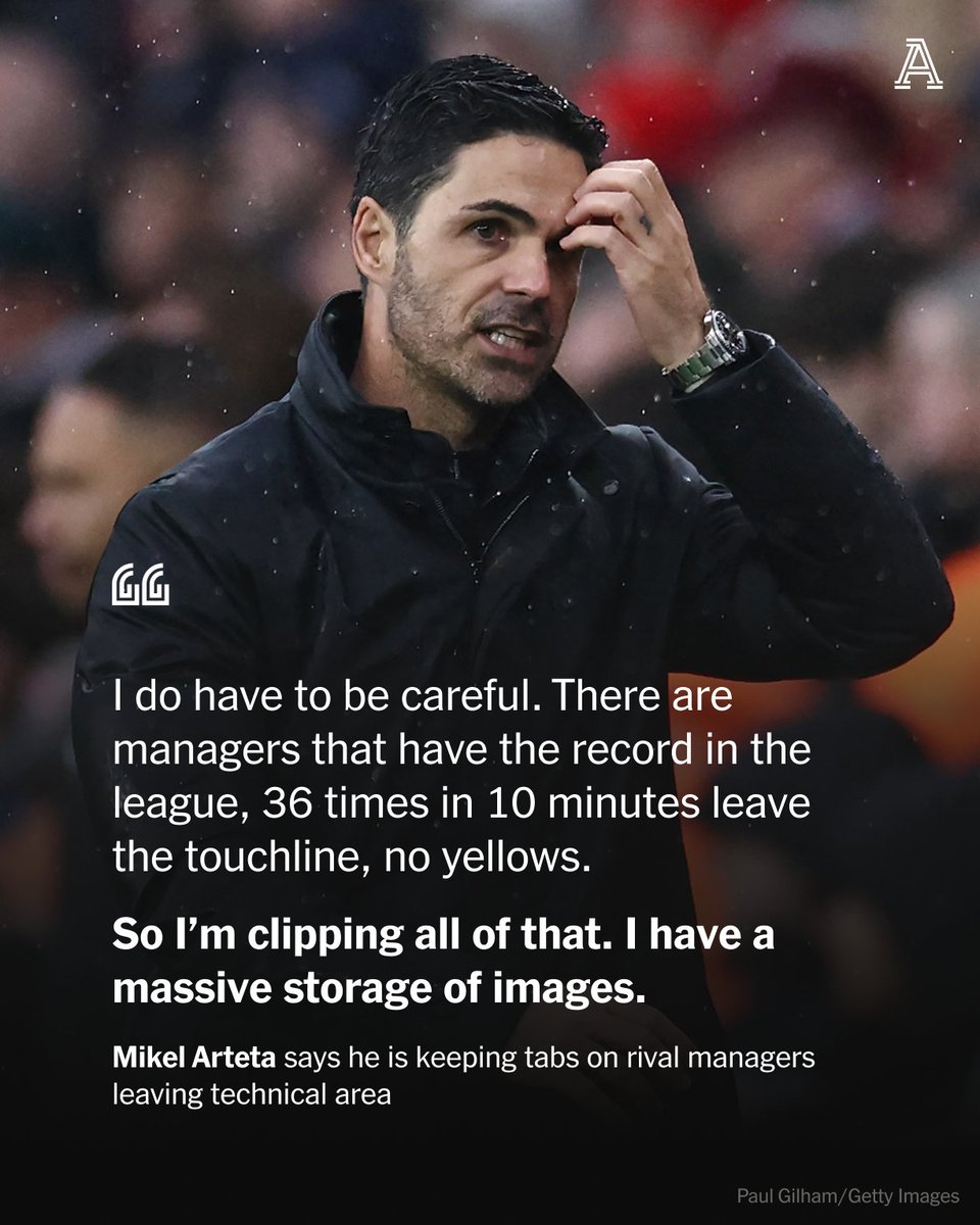 LSAlert_BL's tweet photo. Arteta says he's watching other managers who step out of their technical area after he got a booking in the Everton win. He's known for wandering off the touchline during games.

#LiveScoreAlert
https://t.co/sBmYwD5x8h