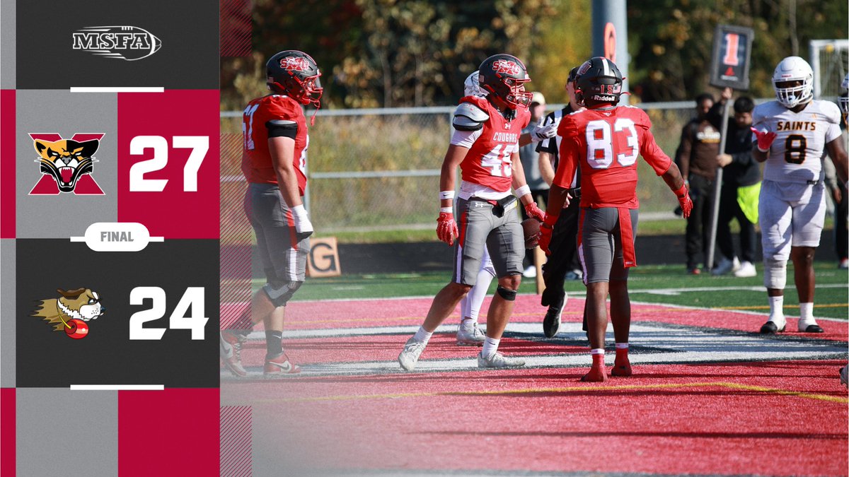 SXUAthletics's tweet photo. COUGARS WIN!!! Coen Demack caught the winning TD, finishing w/ 1️⃣4️⃣ rec for 1️⃣0️⃣9️⃣ yds, Blainey Dowling threw for 4️⃣0️⃣3️⃣ yds, Jayden Armstrong had 8️⃣ rec for 1️⃣4️⃣6️⃣ yds &amp; Owen Schickel had 9️⃣ tckls w/ 2️⃣ FF's in a 27-24 victory for @SXUFootball! #GoCougs🐾🏈 #WeAreSXU https://t.co/fhKJUMyezX