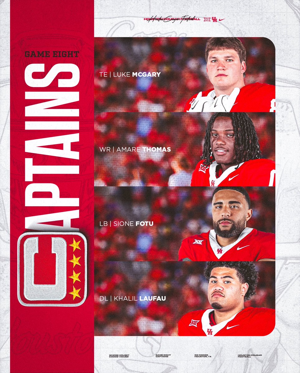 UHCougarFB's tweet photo. Captains for Game 8🫡

#BuiltByHouston x #GoCoogs https://t.co/QUFXpCggnd