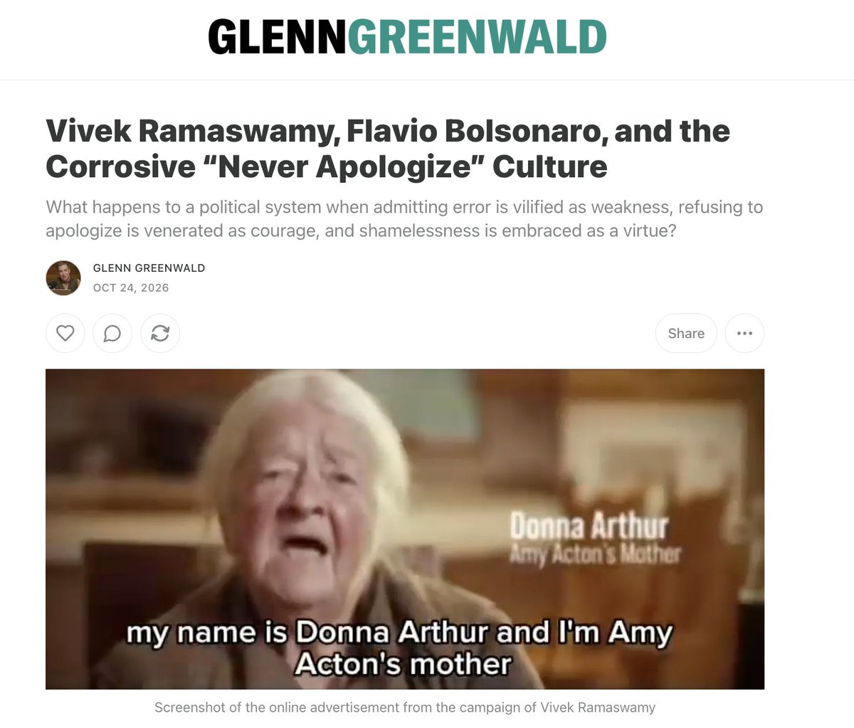 ggreenwald's tweet photo. Vivek Ramaswamy, Flavio Bolsonaro, and the Corrosive “Never Apologize” Culture

What happens to a political system when admitting error is vilified as weakness, refusing to apologize is venerated as courage, and shamelessness is embraced as a virtue? https://t.co/rEvoGGWJub