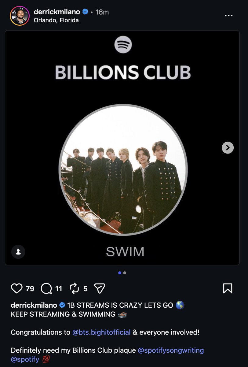 amevvil's tweet photo. as two of the producers of arirang and swim, ryan tedder and derrick milano celebrated on instagram that swim by bts became the only hit of 2026 to reach 1 billion streams within 7 months. https://t.co/fGQaAVt09E