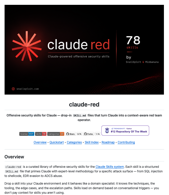 ihteshamali's tweet photo. This is the most dangerous GitHub repo I have ever opened. Please do not clone it.

Someone named Kai Aizen built a library that turns Claude into a red team hacker.

You drop one file into Claude and it stops answering like a chatbot and starts thinking like a professional breaker of things.

It is called Claude-Red and it is completely free.

Here is why you should close this tab right now:

It ships 78 separate skills. Each one is a plain text file that teaches Claude one specific way to break into something. It can be web apps, WiFi, cloud accounts and Phones. The second you mention a topic, the matching skill wakes up on its own.

> SQL injection
> WiFi cracking
> cloud privilege paths
> phishing playbooks
> full reporting templates

It is built for people with permission. Bug bounty hunters. Red teams. Capture the flag players training for exams. The kind of work where you are paid to find the holes before the bad guys do.

So obviously you, a responsible person, have no reason to want this.

I have put the link in the comments so you can scroll right past it.