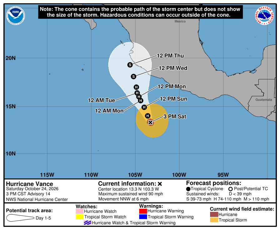 atlanticstorms's tweet photo. #HURRICANEVance [Wind Incr] Heading NNW @ 6 mph. Wind @ 90 mph. Location N:13.3 W:-103.3 #Hurricane #Vance Michigan https://t.co/PqDTgGWyuM