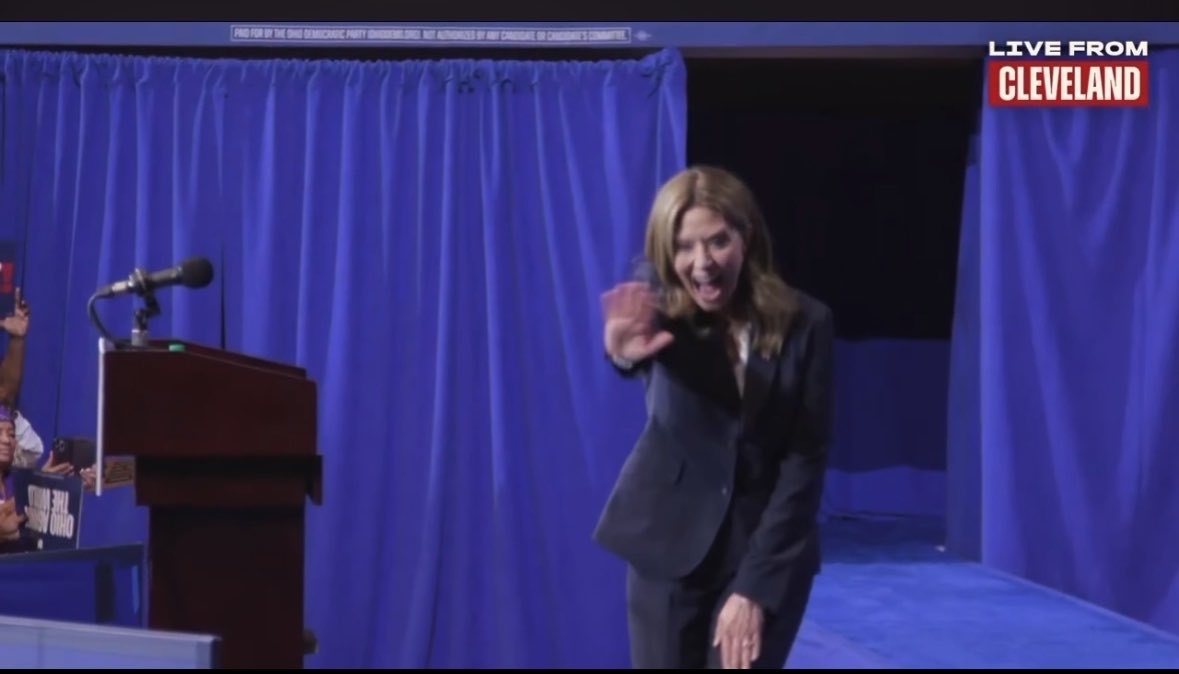 BeezlyKre's tweet photo. Finally, after searching everywhere for a recorded speech start to finish, I listened to Amy Acton give a speech. It was literally almost word for word the same speech she gave when she won her uncontested primary for Governor. She is nervous, she is awkward, she is unstable, and very unsure of herself, it’s obvious! This is Kamala 2.0 for Ohio, with a touch of Tim Walz and his weird waving style!