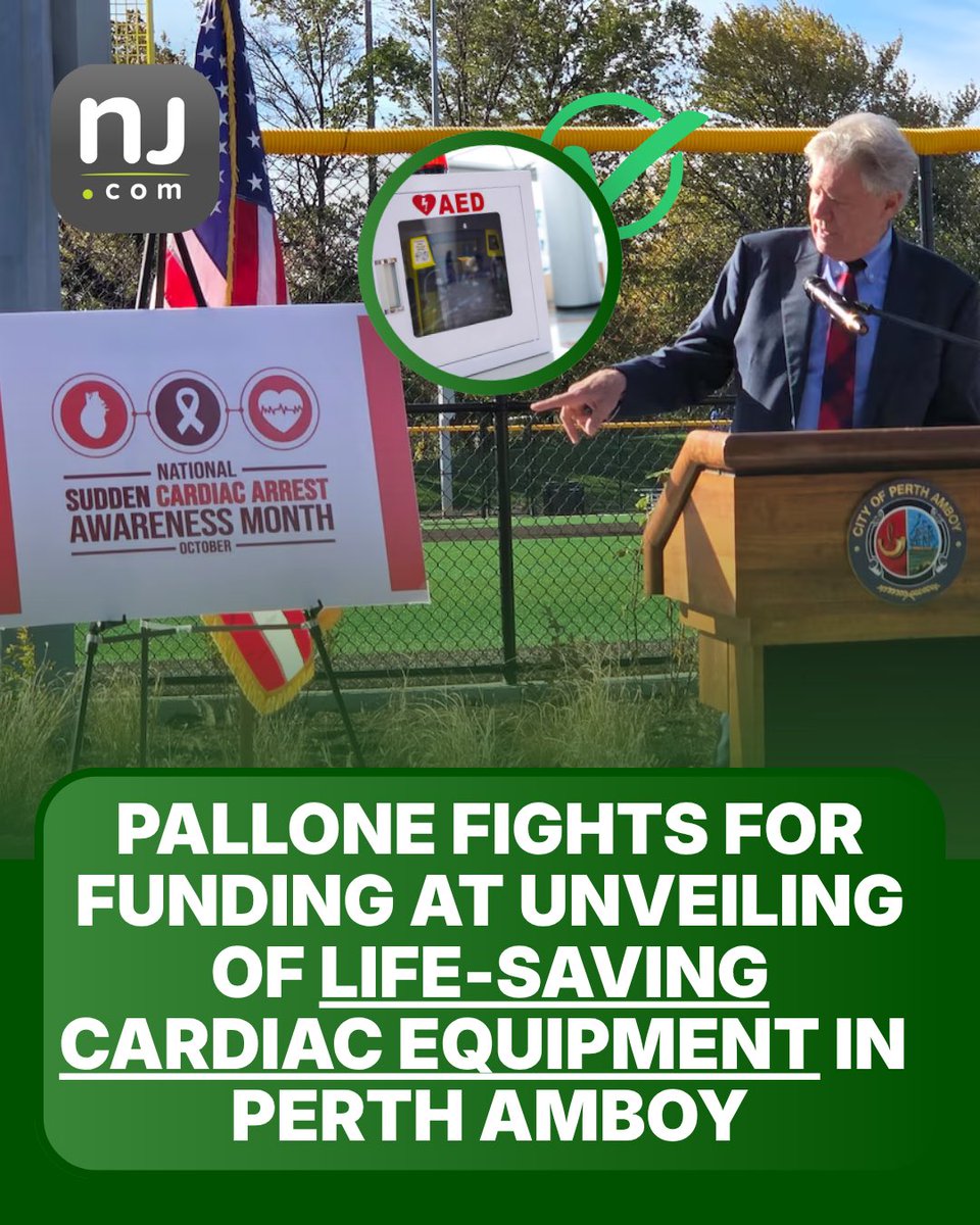 A news graphic shows a man speaking at a podium outdoors beside a sign about cardiac arrest awareness. An inset highlights an AED, and a large green headline banner fills the bottom. The image contains text.