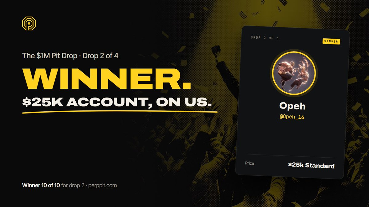 Perppit's tweet photo. 🏆 Drop 2 winner 10/10: @Opeh_16

A $25k Standard account, on us. Watch your DMs to claim it.

Winner 20 of 40 in the $1M Pit Drop. #Giveaway https://t.co/7I946mG7kU