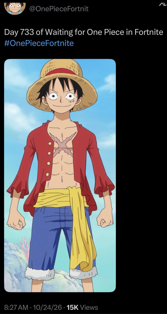 OnePieceFortnit's tweet photo. I FORESHADOWED THE FORTNITE ONE PIECE COLLAB…

DAY 733… 3 DAYS AND 2 YEARS

SAME LENGTH THE STRAW HATS WERE SEPARATED

#OnePieceFortnite https://t.co/stLukHFXKY