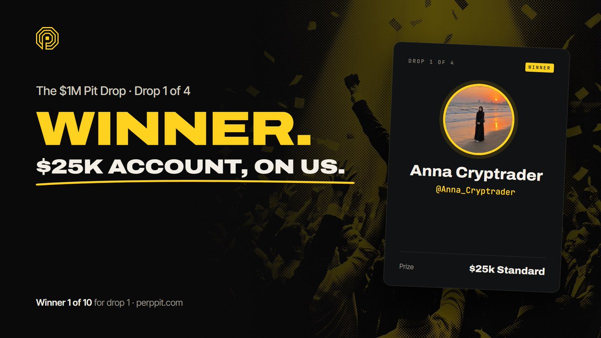 Perppit's tweet photo. 🏆 Drop 1 winner 1/10: @Anna_Cryptrader

A $25k Standard account, on us. Watch your DMs to claim it.

Winner 1 of 40 in the $1M Pit Drop. #Giveaway https://t.co/Y48jVQYRPU