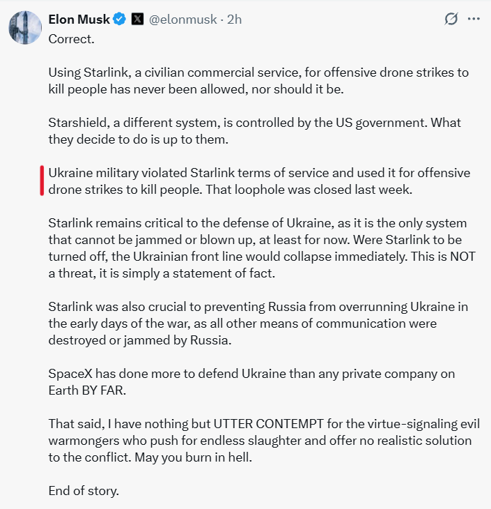 HavryshkoMarta's tweet photo. “If you want to kill people, come up with your own 'Starlink',” 

Elon Musk to Zelenskyy and all the fucking warmongers dreaming of destroying Russia with the blood of working-class Ukrainian men kidnapped off the streets and shipped to the front lines. https://t.co/KwxMioJi1w