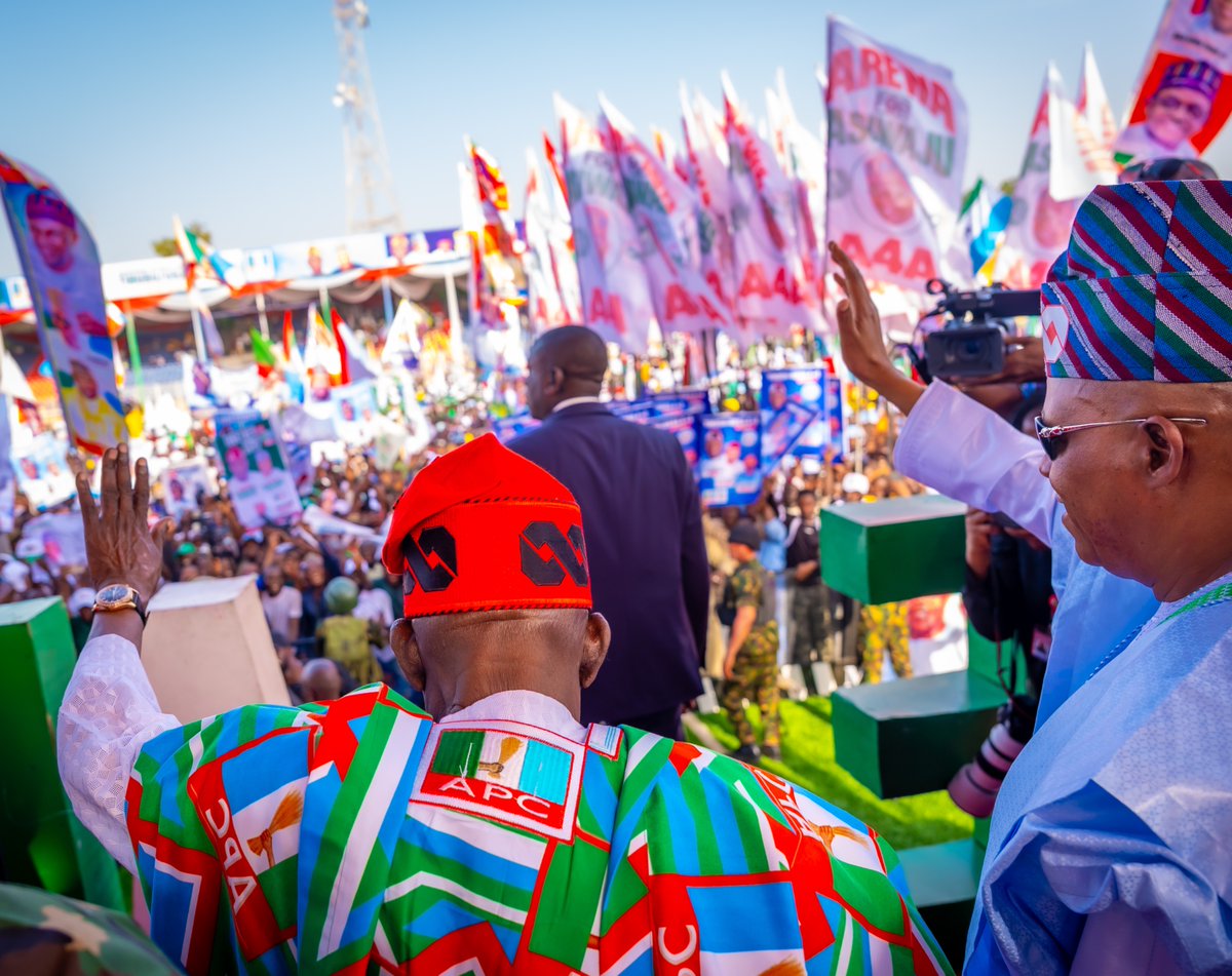 officialABAT's tweet photo. Kaduna, thank you for the overwhelming welcome today as we flagged off our APC 2027 Presidential Campaign.

Three years ago, you gave me the privilege of serving as your President. Today, you filled this city again, hundreds of thousands of you from across the North, and I felt the warmth of your support. It was good to return with Vice President Kashim Shettima @officialsksm and our wives to a city that carries so much of our nation’s history.

I remembered the founding leaders who gathered here before independence and prayed that Almighty Allah grants them forgiveness and eternal peace. Then I spoke to you plainly, because you have heard enough speeches.

My opponents talk about hunger and poverty. I asked the crowd today who created these problems. They did. We are the ones working to eradicate them. The subsidy racket, fraudulent invoices and fuel smuggling are firmly behind us, and there is no going back. We confronted what we inherited with courage and political will, and we are building an economy that rewards hard work and creates opportunities for our people.

I know the road has been hard. I hear you. Your sacrifices will not be in vain, and I will not rest until the progress we are making is felt in your homes, your businesses and your pockets.

Our progressive governors are building roads, hospitals, schools and markets across their states, supported by increased revenues from the reforms we undertook. Salaries are being paid regularly, and development is taking shape. I am proud of what they are delivering for our people.

On January 16, 2027, come out with your PVCs and give Vice President Kashim Shettima and me the mandate to finish what we started. Your future is in your hands, and your fingerprints at the ballot will help determine it.

Thank you, Governor Uba Sani @ubasanius, for a befitting start to our campaign. Thank you, Kaduna, for standing with us once again.

#RenewedHopeInKaduna #TinubuShettima2027 #RenewedHope2.0