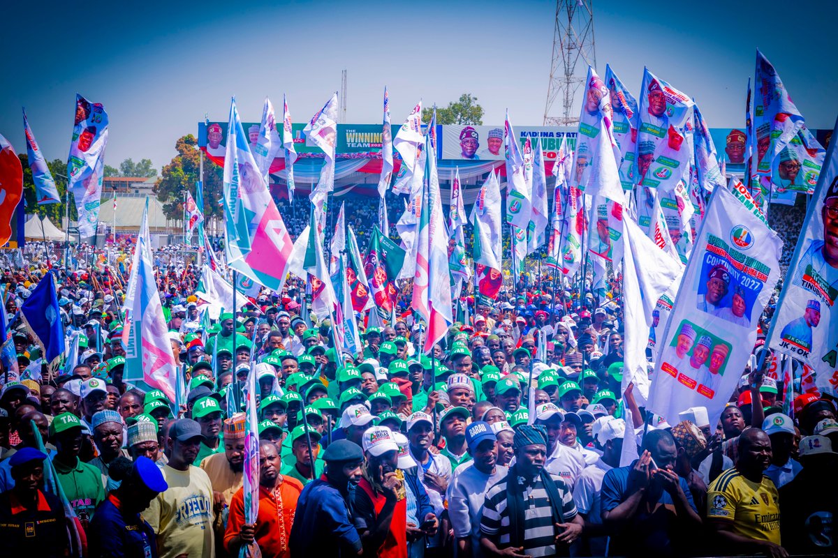 officialABAT's tweet photo. Kaduna, thank you for the overwhelming welcome today as we flagged off our APC 2027 Presidential Campaign.

Three years ago, you gave me the privilege of serving as your President. Today, you filled this city again, hundreds of thousands of you from across the North, and I felt the warmth of your support. It was good to return with Vice President Kashim Shettima @officialsksm and our wives to a city that carries so much of our nation’s history.

I remembered the founding leaders who gathered here before independence and prayed that Almighty Allah grants them forgiveness and eternal peace. Then I spoke to you plainly, because you have heard enough speeches.

My opponents talk about hunger and poverty. I asked the crowd today who created these problems. They did. We are the ones working to eradicate them. The subsidy racket, fraudulent invoices and fuel smuggling are firmly behind us, and there is no going back. We confronted what we inherited with courage and political will, and we are building an economy that rewards hard work and creates opportunities for our people.

I know the road has been hard. I hear you. Your sacrifices will not be in vain, and I will not rest until the progress we are making is felt in your homes, your businesses and your pockets.

Our progressive governors are building roads, hospitals, schools and markets across their states, supported by increased revenues from the reforms we undertook. Salaries are being paid regularly, and development is taking shape. I am proud of what they are delivering for our people.

On January 16, 2027, come out with your PVCs and give Vice President Kashim Shettima and me the mandate to finish what we started. Your future is in your hands, and your fingerprints at the ballot will help determine it.

Thank you, Governor Uba Sani @ubasanius, for a befitting start to our campaign. Thank you, Kaduna, for standing with us once again.

#RenewedHopeInKaduna #TinubuShettima2027 #RenewedHope2.0