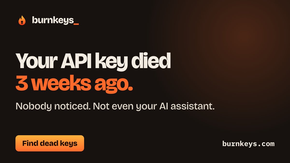 burnkeys_'s tweet photo. Rotating our keys after Railway, we found something worse: an Anthropic key in another project had been dead for weeks.

Nobody noticed, not even the AI assistant editing that code daily.

Burnkeys asks each provider one question: does this key still work?

https://t.co/TuCFtqYSGq