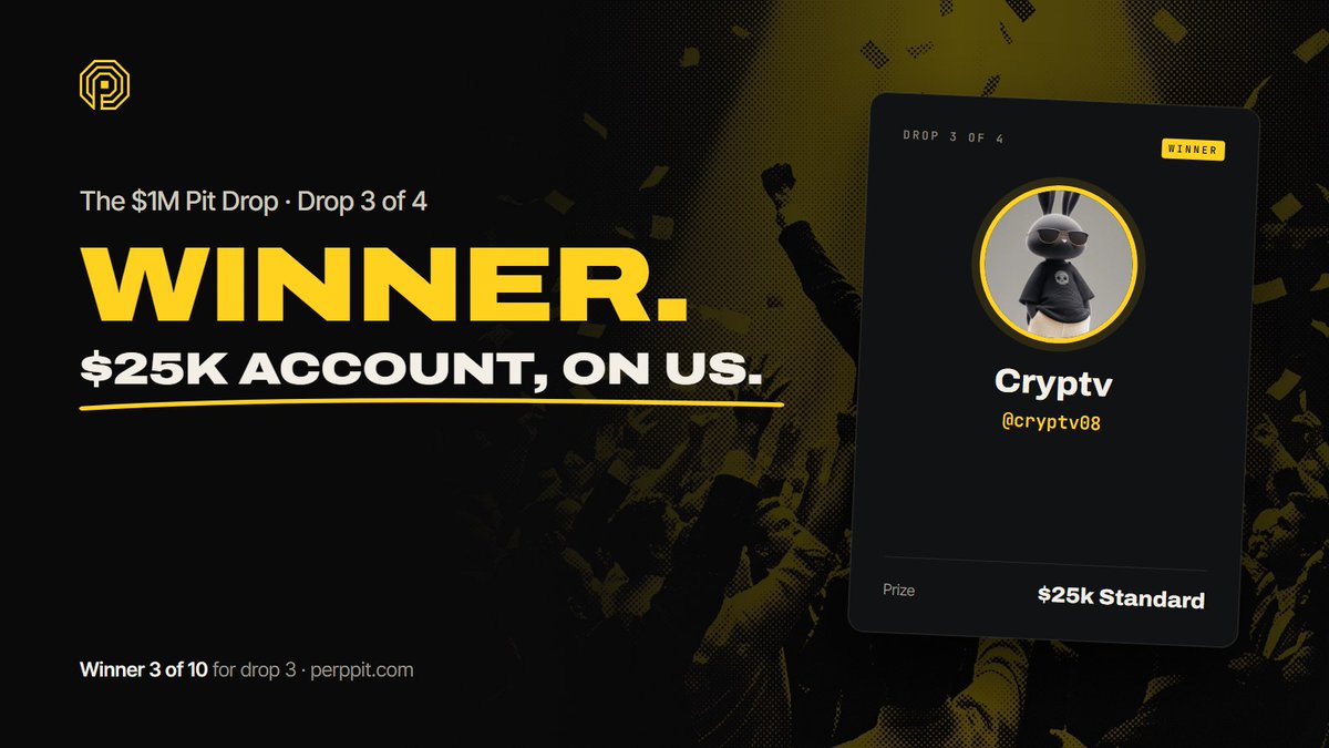Perppit's tweet photo. 🏆 Drop 3 winner 3/10: @cryptv08

A $25k Standard account, on us. Watch your DMs to claim it.

Winner 23 of 40 in the $1M Pit Drop. #Giveaway https://t.co/9pis7Xhayx