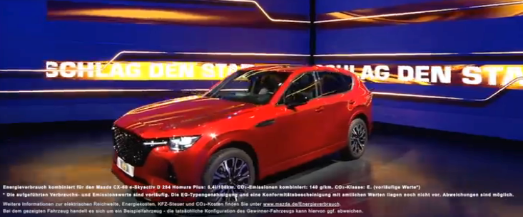 tobwen's tweet photo. Bei #SchlagDenStar wird echt ein Reihensechszylinder-#Diesel #Mazda verlost, noch nicht mal die Hybrid-Variante - hauptsache #SUV. Die alten grauen Verbrenner-Menschen bei #ProSieben scheinen sich durchzusetzen. Ein paar kleine #Fiats konnte Berlusconi wohl nicht organisieren?! https://t.co/6v32cxqX9N