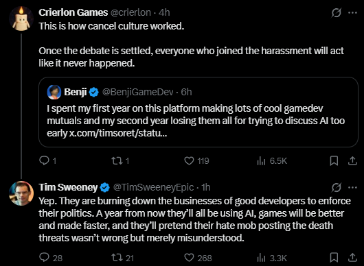 agelessoath's tweet photo. tim sweeney is reaching crazy lows because of his ai psychosis 😭 https://t.co/hGE9yQknwc