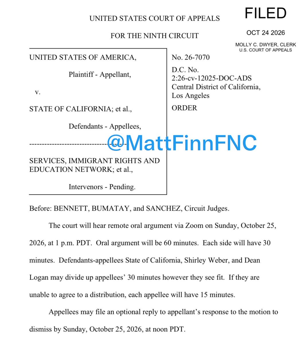MattFinnFNC's tweet photo. Breaking: Trump DOJ case alleging 20k non-citizen midterm CA ballots is scheduled for oral arguments before 9th Circuit tomorrow. Two out of three are Trump-appointed judges. https://t.co/ozUT0wk9b1
