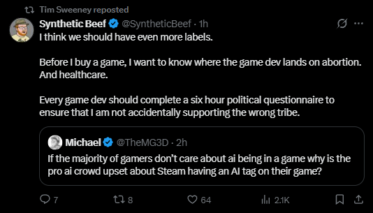 agelessoath's tweet photo. tim sweeney is reaching crazy lows because of his ai psychosis 😭 https://t.co/hGE9yQknwc