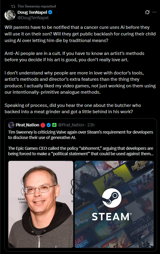 agelessoath's tweet photo. tim sweeney is reaching crazy lows because of his ai psychosis 😭 https://t.co/hGE9yQknwc