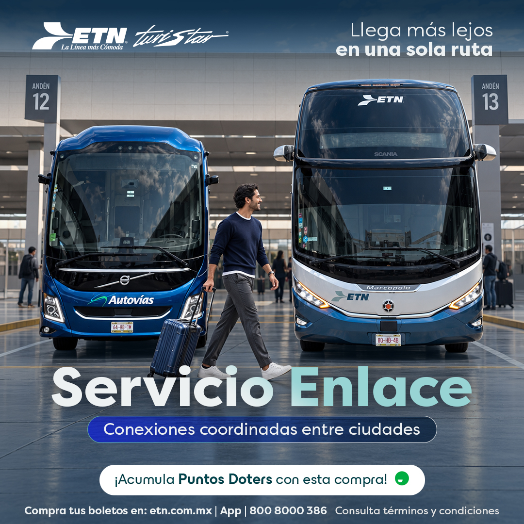 ETNTURISTAR's tweet photo. 🚌✨ Más destinos, una sola experiencia.
Con Servicio Enlace, conecta entre ciudades de forma coordinada y sigue disfrutando tu viaje con ETN y Autovías.
📲 Compra tus boletos en https://t.co/ZpyOD7FtpX o desde la App.
#ETN #ServicioEnlace #Autovías https://t.co/bxp3Wtq20L