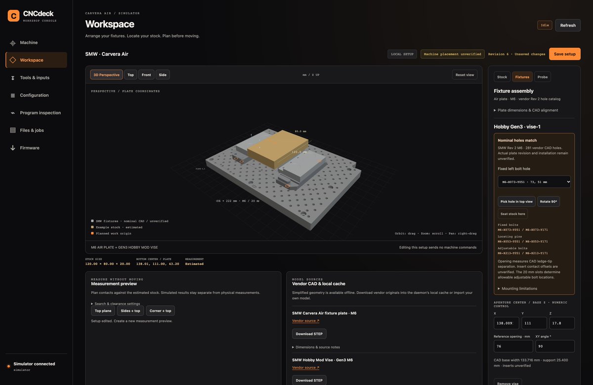 timbot's tweet photo. I started cooking up something else - CNC setup, control, and monitoring with a human-friendly web UI and a headless agent-ready CLI/API. Initially targeting the Carvera Air (pictured, with SMW fixture plate and mod vise v3). https://t.co/61AtXAVU2R