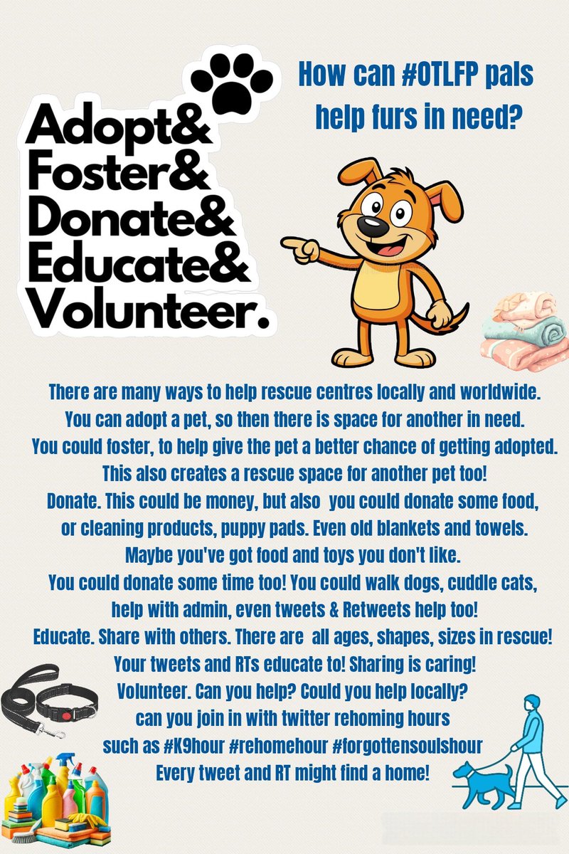 MillieOTLFP's tweet photo. If you're looking for a pet #adopt
or you could #foster 
You could #Donate 
This could be money,food,cleaning products. Donate time&amp;help with admin duties,you could donate old towels or bedding
You can educate,by telling others&amp;also help tweet/rt rehoming hours  #OTLFP https://t.co/Fn1YJ13tw7