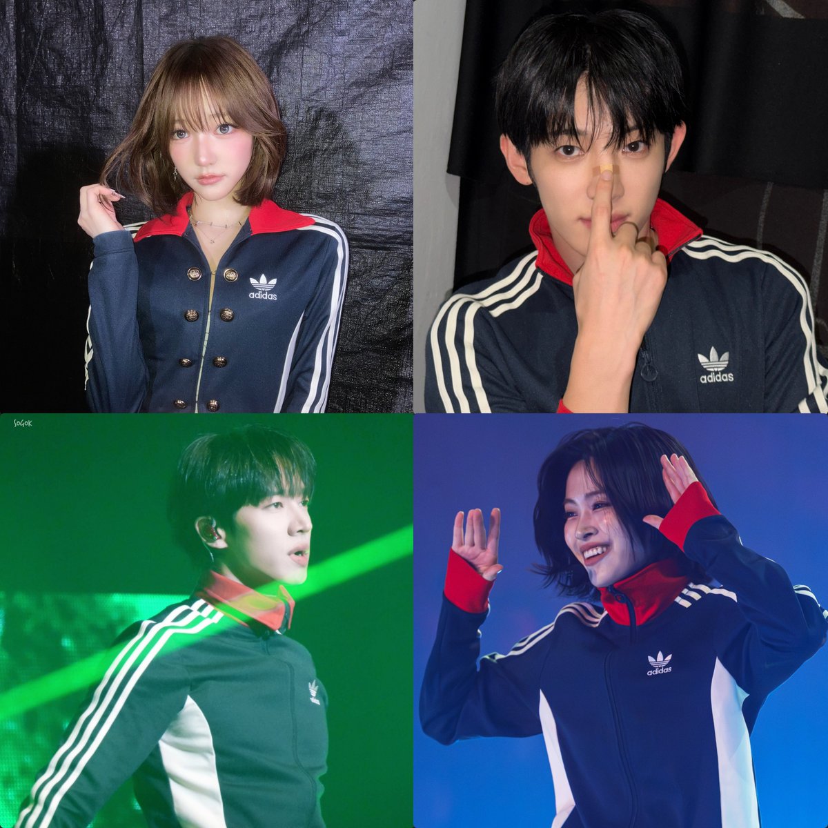 cortl8's tweet photo. james wore this adidas jacket and now look at all these artists in the same outfit 😭 it's so cute how some of them even recreated his look down to the bandaid on his face #james #cortis https://t.co/3cvgr2e6Zo