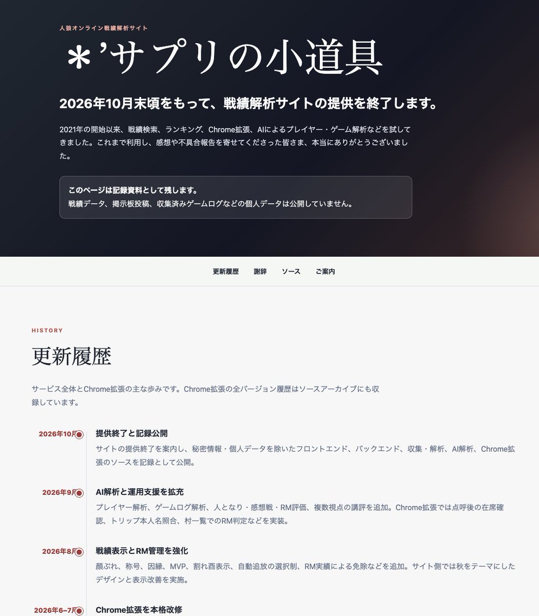 mitdok's tweet photo. 人狼オンライン管理人さんがアンケート実施中。改修も少しされてますね。
サプリ的に応援＆妨げにならないよう、僕側のサイトは約５年にて終了することにします。

関係された皆様ありがとうございました。

サプリも人狼アプリを開発してるので、宜しければそちらも宜しくお願いします。 https://t.co/MtThHaTFHt
