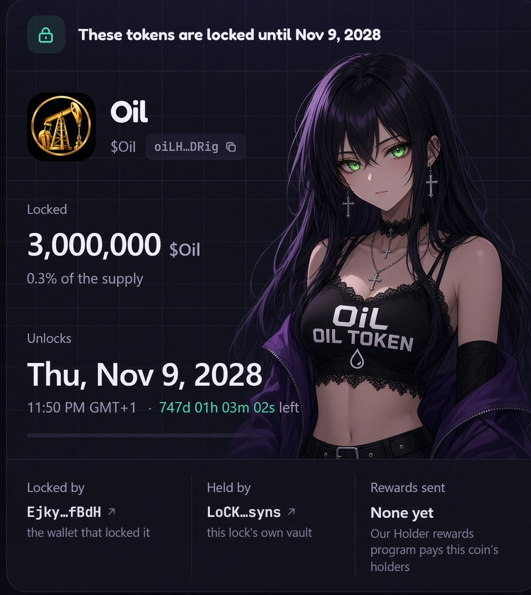OilRewards's tweet photo. Another 3m tokens were locked.

To verify: https://t.co/EGBUsCg6Em. Put in our CA. https://t.co/GKQoitYtgN