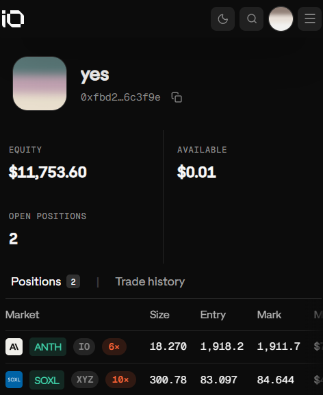 devilonnn's tweet photo. Remember “yes” from this list? The #10 HYPE airdrop wallet with 894k HYPE, not on @entropyIO leaderboard.

It’s still trading. Its first trade on Entropy was in the launch week, on August 30, and since then almost all of its activity has been on ANTH, with some OAI and GPRO. Since Oct 15 alone it has made 327 fills on ANTH, all taker orders. The last trade was yesterday, and right now it’s holding a small 6x ANTH long.

It’s not a size play. The position is only about $35k. But it’s a wallet with one of the biggest HYPE airdrops that has been coming back to Entropy for almost two months without any public profile or linked X.

Hyperliquid OG users aren’t just parked there. Some of them are actively trading Entropy.