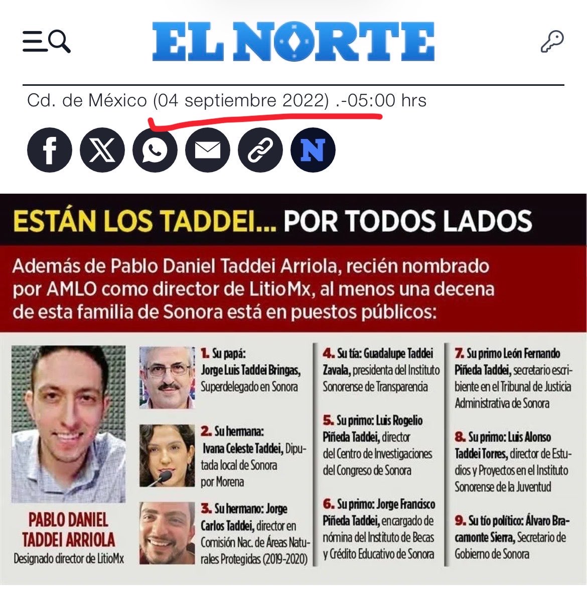 Funesta's tweet photo. No es como que la corrupción de Taddei sea nueva, ya sabíamos que su familia estaba metida cuando menos en nepotismo.

Familia que López Obrador aceptó conocer.

Ahora deberían revisar las cuentas de los demás, de Pablo Taddei, director de Litio Mx, por ejemplo y por las dudas. https://t.co/Z2ZyZgHWVC