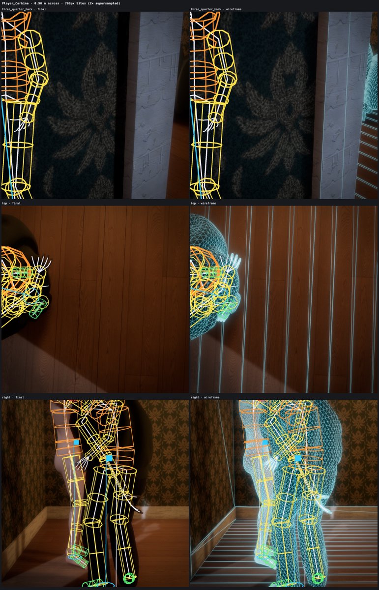 arcwrightengine's tweet photo. This is how Claude Opus 5.5 checks its own work inside our engine.

One command shows a model from every side: the final render, the wireframe, and a normals map. The hitboxes and the skeleton can be drawn on top.

#gamedev #indiedev https://t.co/BFA9tr9mMJ