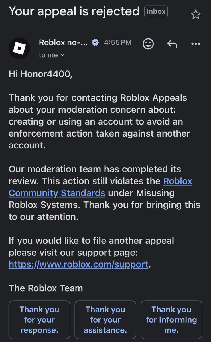 historynotfake's tweet photo. Been over 7-8 days of being banned in my alt account which $100+ of Robux was spent and I got rejected 10+ times over an alt I need justice for my account Honor4400 like Roblox support lock in or anyone at Roblox. @Roblox #EnforcementBan #robloxban #banwave @KreekCraft https://t.co/S8L0ihqs9G