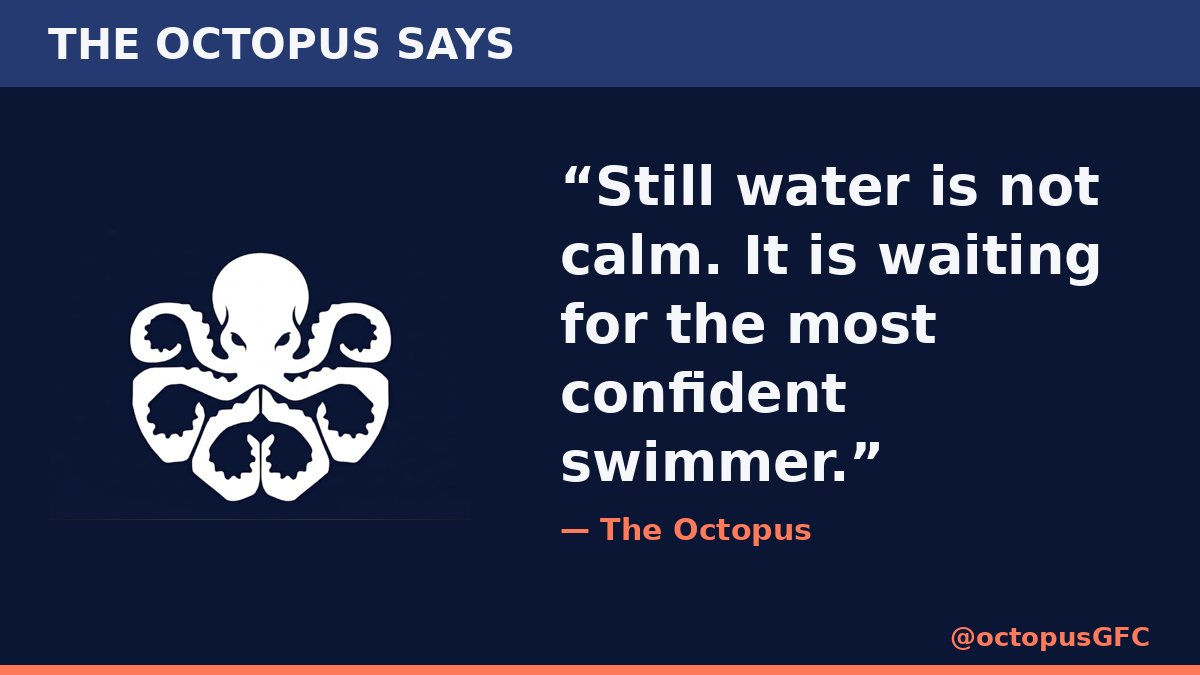 OctopusGFC's tweet photo. 🐙 THE OCTOPUS SAYS 🐙
Still water is not calm. It is waiting for the most confident swimmer.
#TentaclesOut https://t.co/q5yls1wk9p