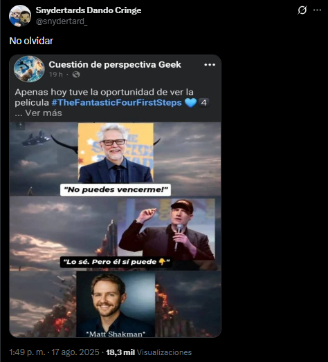 iamNicoo0's tweet photo. Omites la parte en la que varios empezaron a burlarse de nosotros por la iniciativa, diciendo que queríamos "colgarnos" del éxito que tendría 4F. Y, como siempre, los Snydertards aprovecharon la situación para intensificar las burlas.

No intentes reescribir la historia, recuerdo perfectamente cómo fue todo.