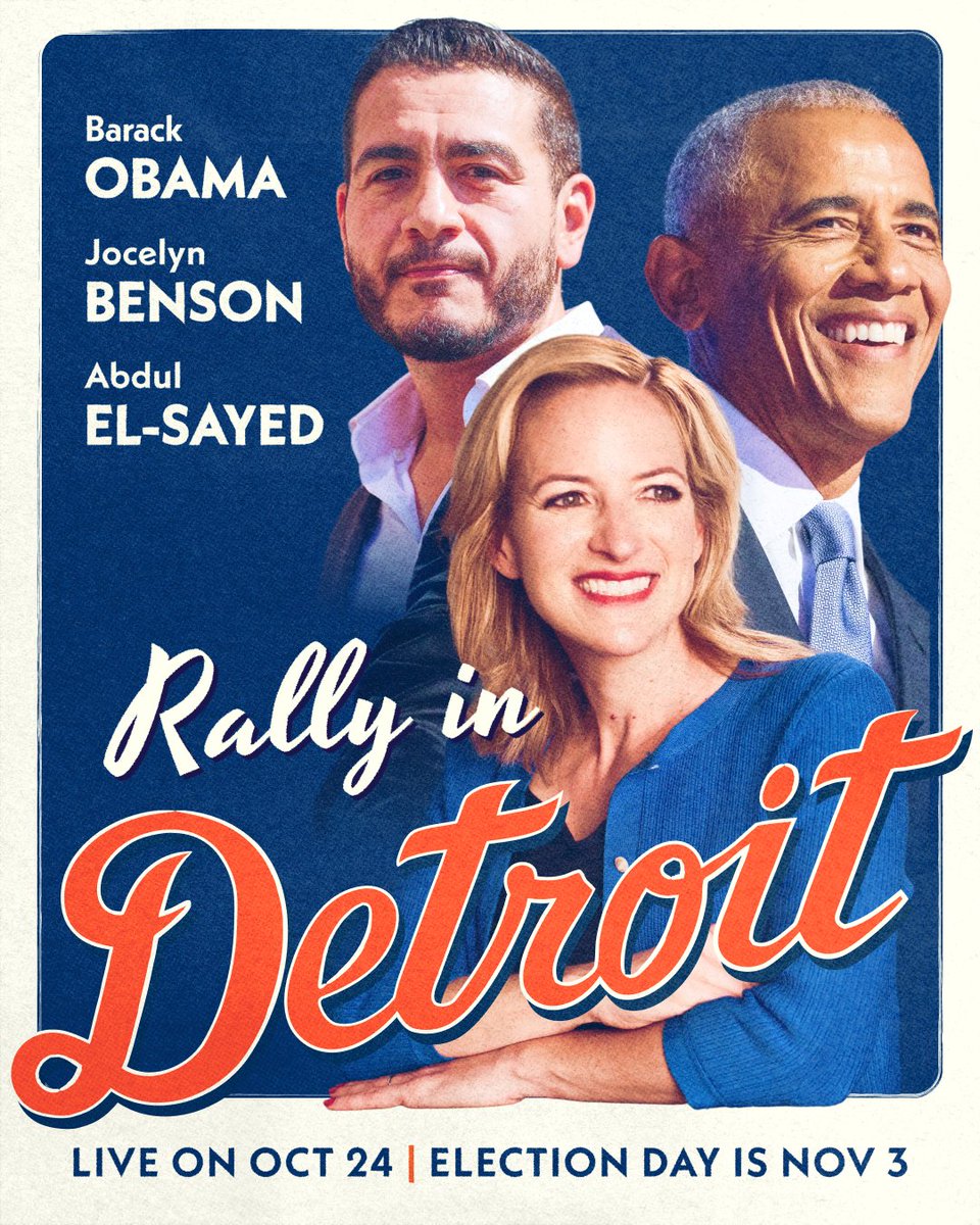 BarackObama's tweet photo. It’s the first day of early voting in Michigan, and I’m heading to Detroit for a rally to support @JocelynBenson, @AbdulElSayed, and Democrats working to create change.

Make a plan to vote at https://t.co/N8UGsdxPIg. https://t.co/KOku1EOKKH