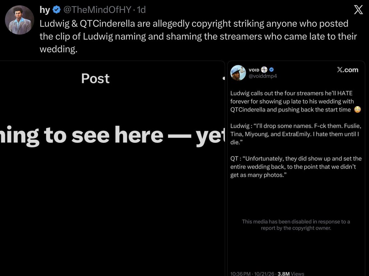 Awk20000's tweet photo. QTCinderella has been sending out mass false DMCA takedowns to channels, including mine. I have received 10 of these takedowns from clips in 2025. Clipping small segments is absolutely fair use

@qtcinderella is one of the few creators who will try to continually silence others with lawfare, having done this before. If this was a mistake or misidentification, hopefully she can retract it