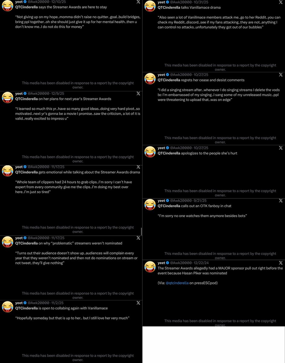 Awk20000's tweet photo. QTCinderella has been sending out mass false DMCA takedowns to channels, including mine. I have received 10 of these takedowns from clips in 2025. Clipping small segments is absolutely fair use

@qtcinderella is one of the few creators who will try to continually silence others with lawfare, having done this before. If this was a mistake or misidentification, hopefully she can retract it