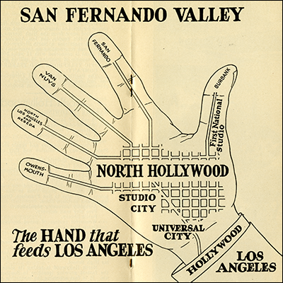 la_dorkout's tweet photo. In the 1920s, subdividers ran this bizarro ad publicizing the agrarian Valley that looked like someone singed their palm on a waffle iron.

(For the unitiated, Owensmouth became Canoga Park, North LA became Northridge, and First Nat'l Studio became Warner Bros.) https://t.co/msYMGMU7TG