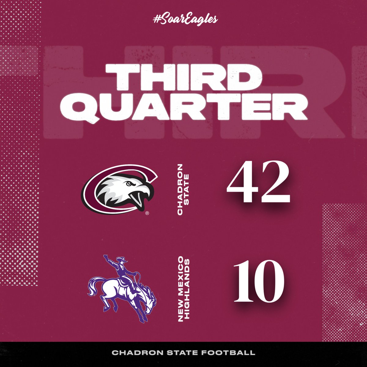 CSCFootball's tweet photo. FB 3Q | Chadron State 42, New Mexico Highlands 10.

Aidan Thompson: 6-10, 2 TD, 2 INT, 44 rushing yards
Jake Marschall: 13 carries, 71 yards
TC Shaw: 8 tackles, sack https://t.co/ZkL9Tdxrsr
