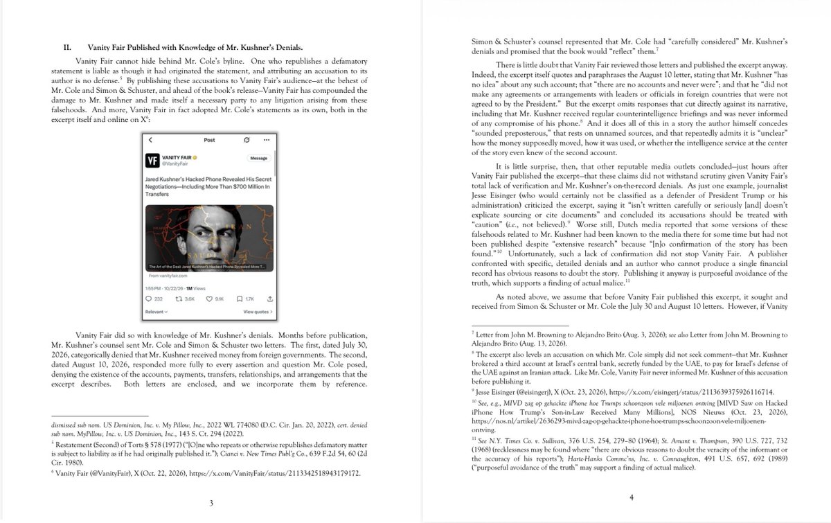 yashar's tweet photo. Jared Kushner’s attorneys at Clare Locke have sent Vanity Fair a formal demand letter disputing the story and demanding its removal.

It can be very difficult for current and former intelligence customers to pursue defamation cases, not because they face a different legal standard, but because proving their case may require classified evidence they are not authorized to disclose.

I’m not making a prediction about whether Kushner will or won’t file suit…just pointing out that it’s more challenging for him than for most.