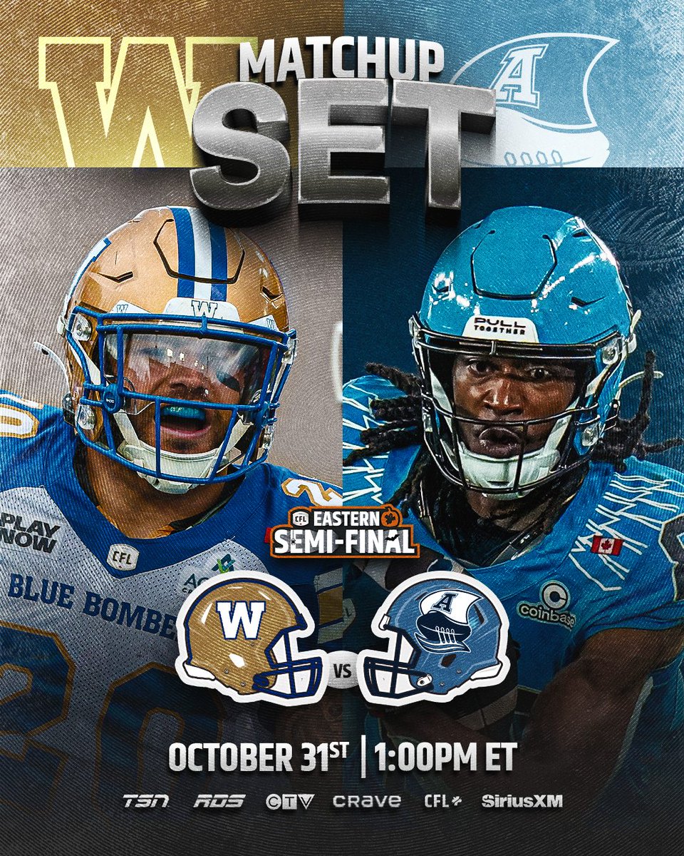 CFL's tweet photo. CROSSOVER CONFIRMED! 🔀

The Blue Bombers will face the Argonauts in the #GCPlayoffs! Tune in on October 31 at 1:00 PM ET on TSN, RDS, CTV, Crave, and CFL+. https://t.co/DCa4IbHhjF