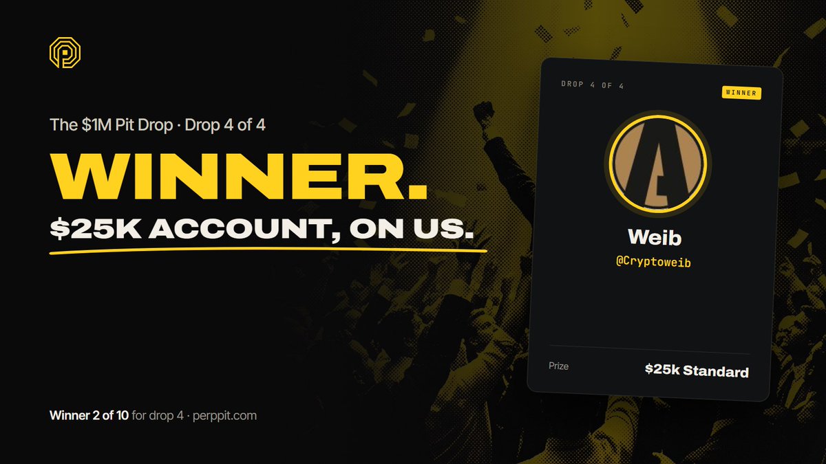 Perppit's tweet photo. 🏆 Drop 4 winner 2/10: @Cryptoweib

A $25k Standard account, on us. Watch your DMs to claim it.

Winner 32 of 40 in the $1M Pit Drop. #Giveaway https://t.co/i8wfOosdd4