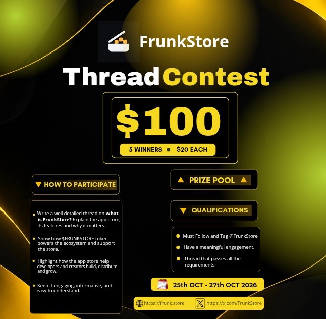 mili_crypt's tweet photo. 🚨 FRUNKSTORE THREAD CONTEST! 🟡🔥

We're giving away $100 to 5 winners ($20 each)!

Write a detailed, engaging thread explaining FrunkStore, its features, and why it matters to Web3 users and developers. https://t.co/1k6rhb4606