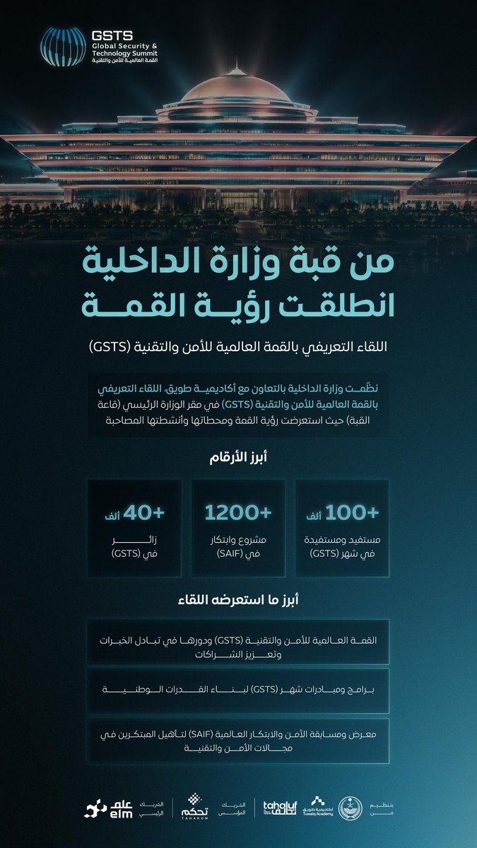 MOISaudiArabia's tweet photo. من قبة وزارة الداخلية انطلقت رؤية القمة.. عُقد اللقاء التعريفي بالقمة العالمية للأمن والتقنية (GSTS)؛ تأكيدًا على تكامل الجهود الوطنية والدولية في دعم الابتكار، وبناء القدرات، وتطوير الحلول الأمنية والتقنية.

#قمة_الأمن_والتقنية 2026
 #GSTS2026 https://t.co/mtYmvWOojF