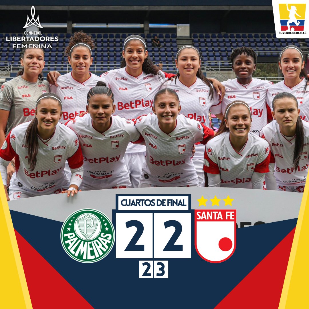 _superpoderosas's tweet photo. 🦁 ¡REMONTADA ÉPICA Y CLASIFICACIÓN! 🔥

Santa Fe 🇨🇴 superó 3-2 a Palmeiras 🇧🇷 desde el punto penal y clasificó a semifinales de la @LibertadoresFEM 🏆

🔥 El encuentro terminó 2-2 en los 90'. Jimena Ospina, LA GRAN FIGURA

⚽️ Mariana Zamorano, Juana Ortegón

📸 @CONMEBOL https://t.co/yVa3PIgLVn