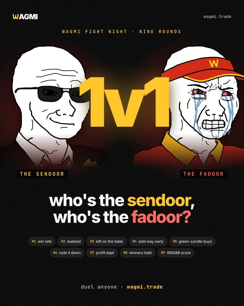 wagmitradeSOL's tweet photo. 1v1s are live.

your + your friends wallet

nine rounds on-chain: 

-win rate, 
-realized PnL
-fumbles
-holder score

one duel card for the TL.

who's the sendoor and who's the fadoor? 🍟

https://t.co/egE8uMKhsH https://t.co/1kqzCOLoeM