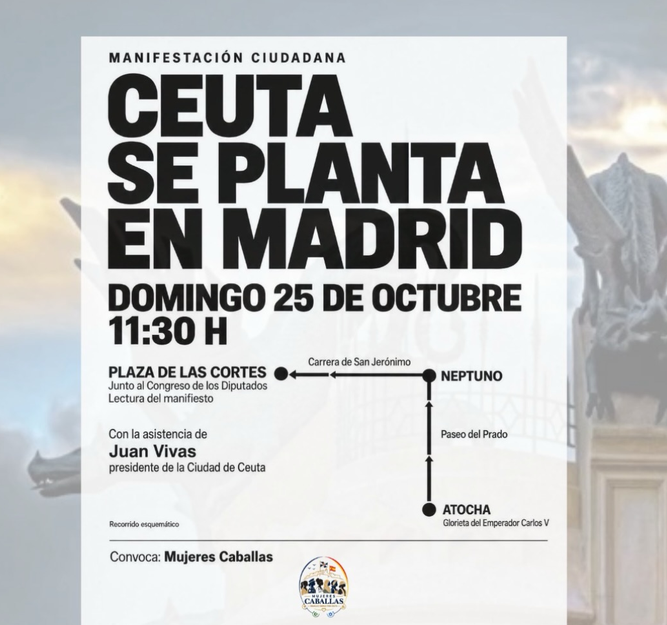 antifazcaballa's tweet photo. En pocas horas Madrid tendrá una parte de Ceuta por sus calles, a sus mujeres, a sus ciudadanos, y estos demostrarán que UN CABALLA NUNCA SE RINDE.

Ve y únete a nosotros, este es el itinerario

Ceuta no se vende, Ceuta se defiende https://t.co/gV8rTxnOPe