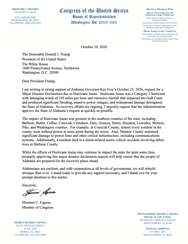 A formal letter on U.S. House of Representatives letterhead, addressed to the President and requesting a major disaster declaration for Alabama following Hurricane Isaias. It includes a date, several paragraphs, a handwritten signature, and the sender’s name and congressional title. Blue office and committee information appears around the letterhead and page edges.
