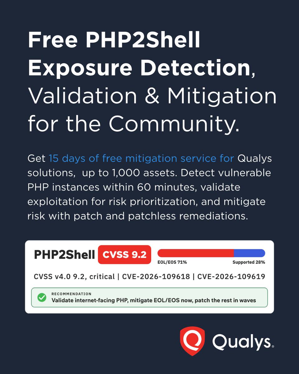 qualys's tweet photo. PHP2Shell: Know your exposure. Take action.

PHP2Shell is CVSS 9.2 critical, and end-of-life PHP won't get a patch. Qualys is offering a free 15-day mitigation service for up to 1,000 assets that can help you:
   -Detect vulnerable PHP instances within 60 minutes
   -Validate exploitability to prioritize real risk
   - Mitigate what you can't patch with patchless remediation
 
Get Free PHP2Shell Mitigation Service: https://t.co/qyYOA5qhbk