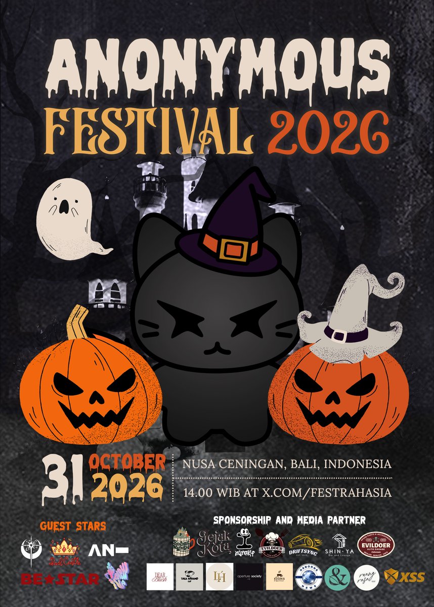 FESTRAHASIA's tweet photo. ㅤ 

🕸️ Knock, knock! Who's there?!
. . . . . . . Peek A Boo! 👻
#AnonymousFestival : Halloween is here! Trick or treat? How predictable. 🎃 Make it mysterious, make it thrilling—Anonymous Festival awaits! 🖤 

📍 Nusa Ceningan, Bali.
📆 31 October 2026, 14.00 WIB.

ㅤ https://t.co/oIXWyo1z2Z